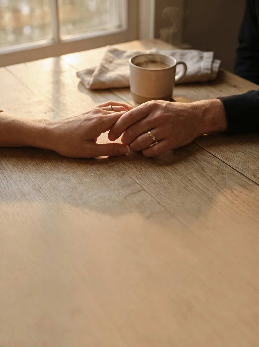 Manos entrelazadas con anillos de boda